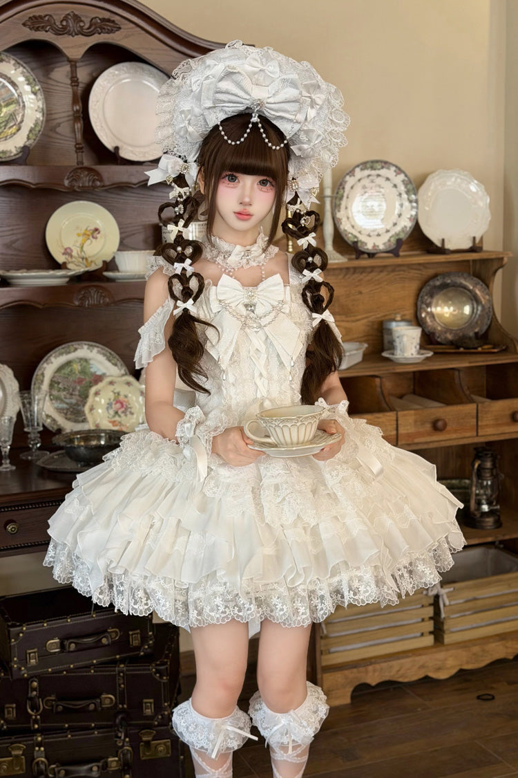 White [Pearl Ballet] Square Collar Sleeveless Multi-Layered Ruffled Bow Lace-Up Pearl-Decorated Sweet Ballet Lolita Jsk Dress - Product - 3