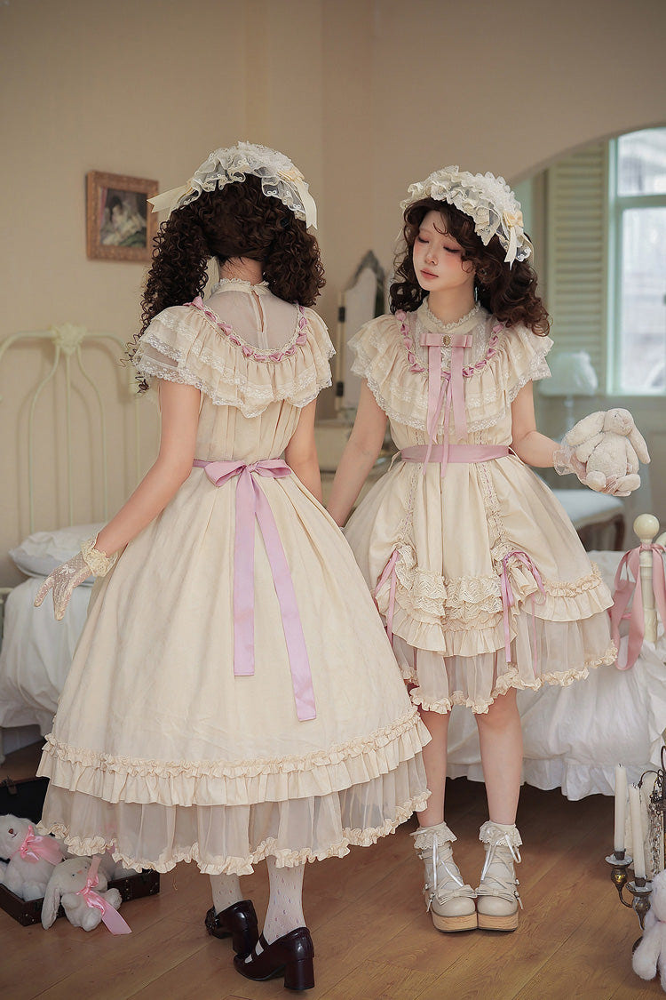 Apricot [Lily's Dream] Stand Collar Short Sleeves Loose-Fit Doll-Like Multi-Layered Ruffled Bow Lace Sweet Lolita Dress 2 Versions - Product - 6