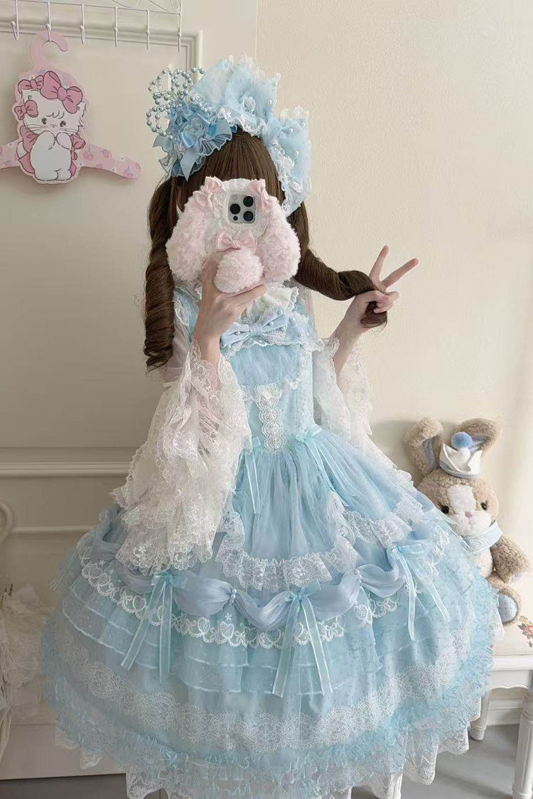 Blue [Sugar Heart Knot] Multi-Layered Ruffled Bow Lace Sweet Lolita Jsk Dress - Product - 2