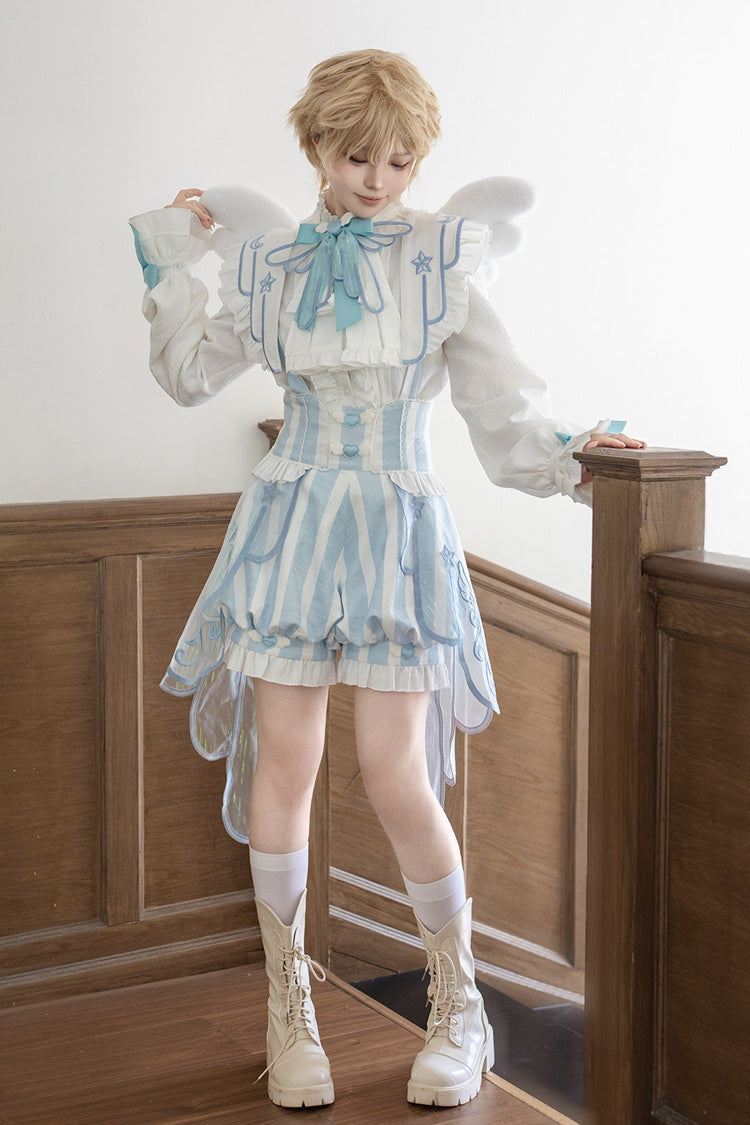 White/Blue [Angel’s Covenant] Stand Collar Long Sleeves Striped Printed Bow Gothic Ouji Lolita Suspender Shorts Set - Product - 5