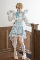 White/Blue [Angel’s Covenant] Stand Collar Long Sleeves Striped Printed Bow Gothic Ouji Lolita Suspender Shorts Set - Product - 5