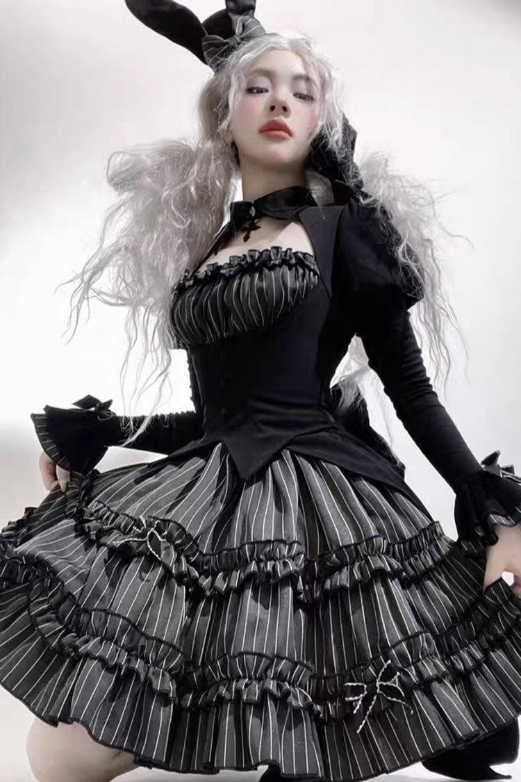 Black [Duke of the Trap Rabbit] Long Sleeves Stripe Print Ruffle Bowknot Lace Gothic Lolita Dress - Product - 2