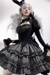 Black [Duke of the Trap Rabbit] Long Sleeves Stripe Print Ruffle Bowknot Lace Gothic Lolita Dress - Product - 2