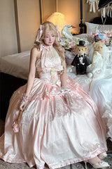 Pink [Softly Into Dreams] Halterneck Sleeveless Double-Layered Printed Ruffled Bow Lace Sweet Elegant Princess Gorgeous Lolita Jsk Long Dress - Product - 4