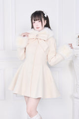 Apricot Plush Collar Long Sleeves Bowknot Japanese Sweet Lolita Coat - Apricot - 1
