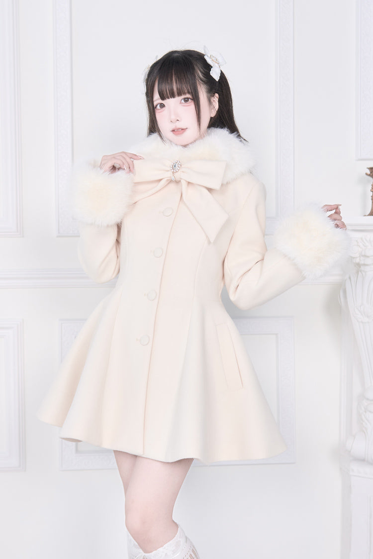 Apricot Plush Collar Long Sleeves Bowknot Japanese Sweet Lolita Coat - Apricot - 1