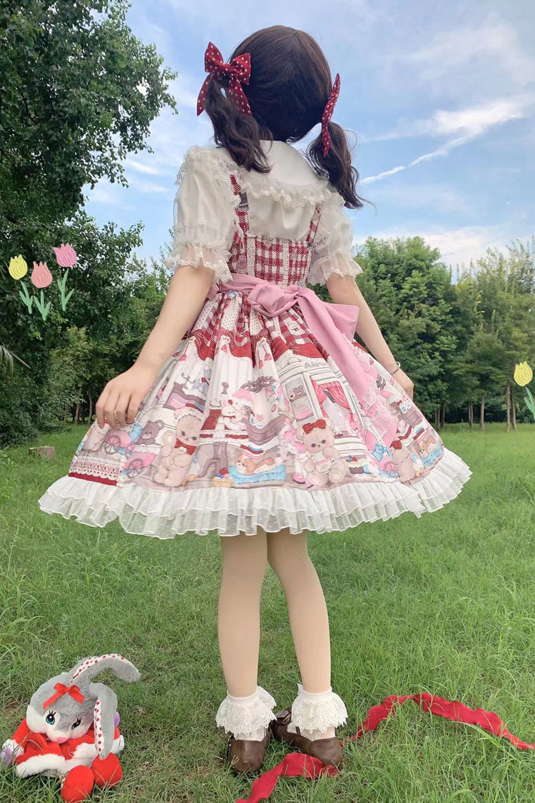 Red Plush Bear and Doll Print Ruffle Bowknot Lace Sweet Lolita Jsk Dress - Product - 3