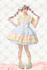 Blue/Pink/Yellow Sweetheart Macaron Ice Cream Multi-Layered Ruffle Bowknot Sweet Lolita Dress - Product - 4