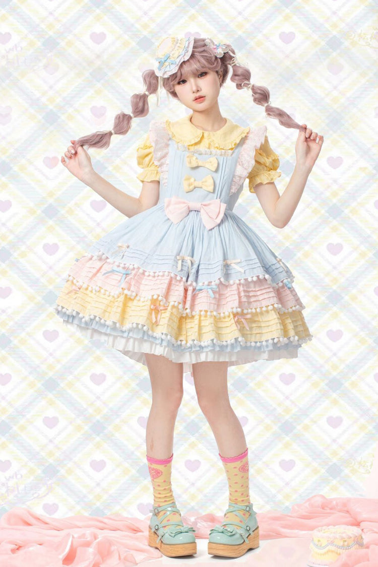 Blue/Pink/Yellow Sweetheart Macaron Ice Cream Multi-Layered Ruffle Bowknot Sweet Lolita Dress - Product - 4