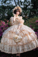 Yellow [Rose Letter] Off Shoulder Triple-Layered Print Ruffle Hanayome Sweet Princess Lolita Dress - Product - 4