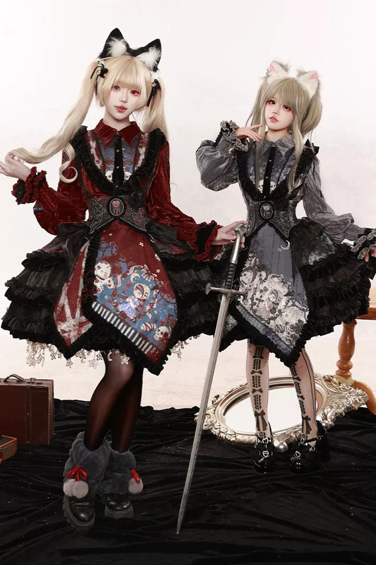 [Werewolf] Fairy Tale Lapel Collar Long Sleeves Printed Ruffled Open-Front Lace Heavy-Detailed Gothic Lolita Skirt Set (Red, Grey, Purple) - Product - 6