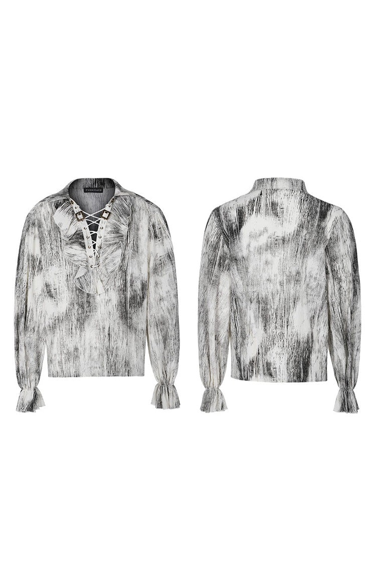Men's Jacquard V Collar Lantern Sleeves Print Ruffle Gothic Blouse 2 Colors - Product - 10
