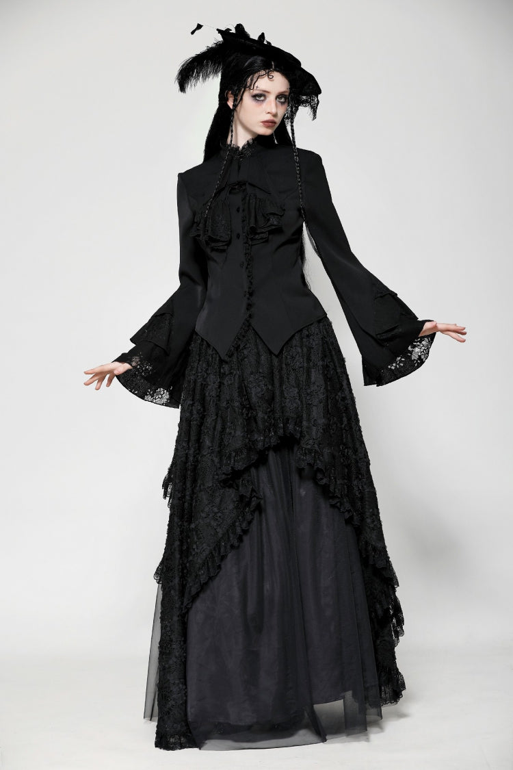 Black Lace Stand Collar Multi-Layered Ruffled Long Flared Sleeves Women's Gothic Blouse - Product - 9