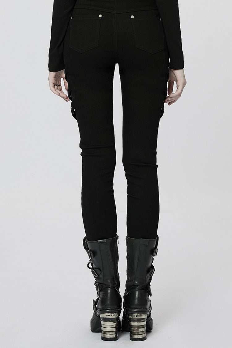Black Stitching Slim Mesh Buckles Metal Hardware Women's Steampunk Pants - Product - 3