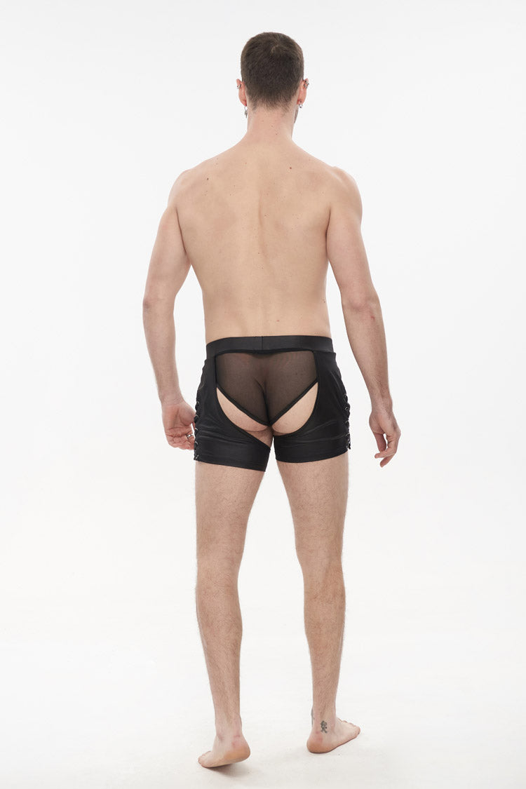 Black Knit Lace Up Perspective Sexy Slim Men's Punk Shorts - Product - 4