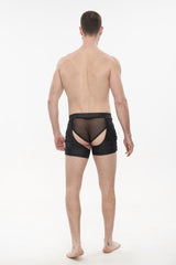 Black Knit Lace Up Perspective Sexy Slim Men's Punk Shorts - Product - 4