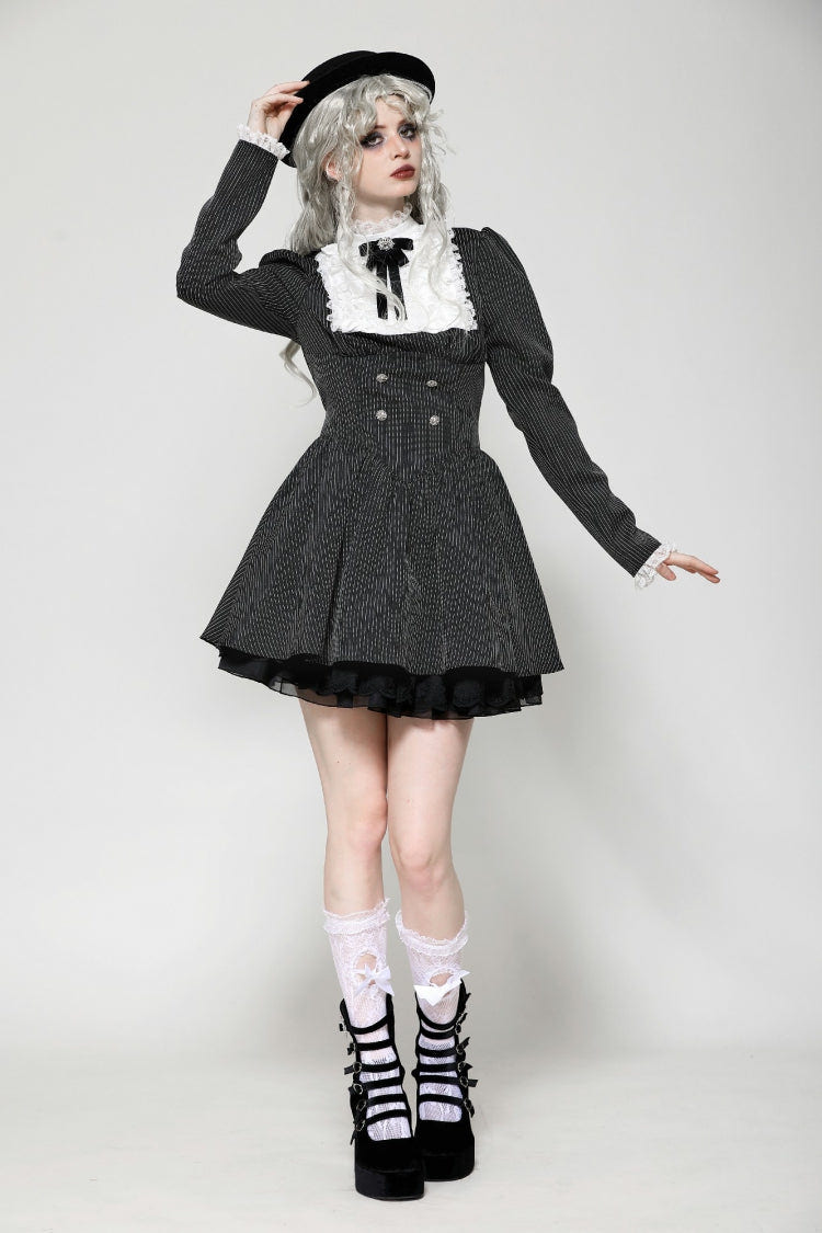 Black/White Striped Ruffled Lace Stand Collar Bow Long Sleeves Lace-Up Women's Gothic Lolita Graduation Dress - Black/White - 1