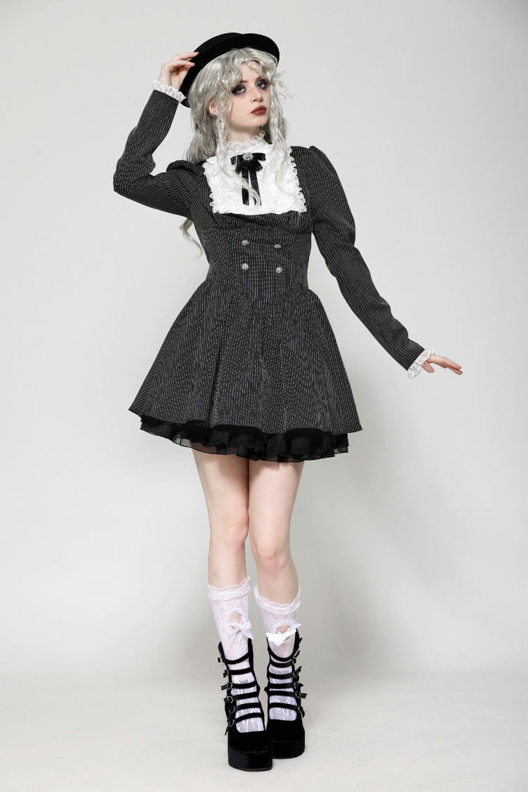 Black/White Striped Ruffled Lace Stand Collar Bow Long Sleeves Lace-Up Women's Gothic Lolita Graduation Dress - Black/White - 1