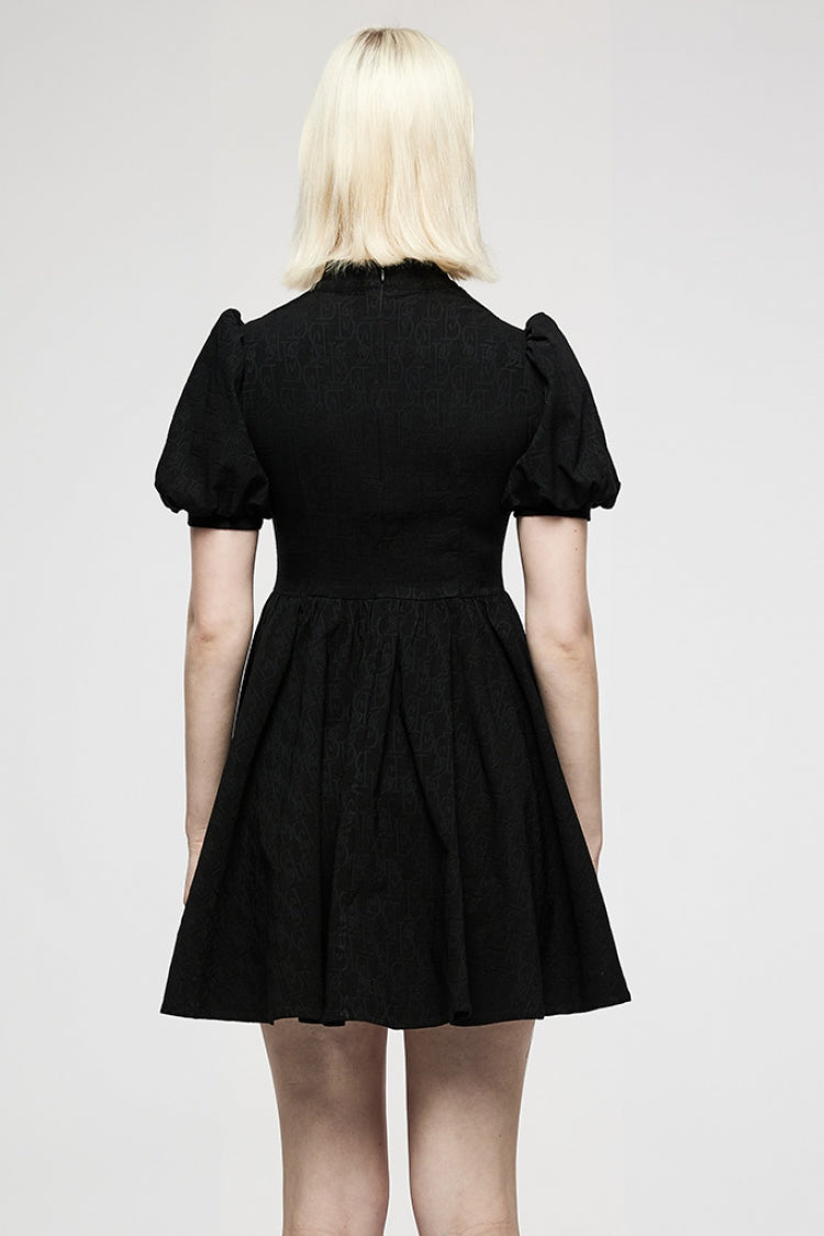Black Halterneck Puff Sleeves Jacquard Women's Punk Dress - Product - 3