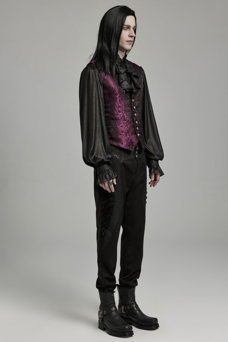 Black/Red Jacquard Lace-Up Slim Men's Gothic Vest - Product - 6