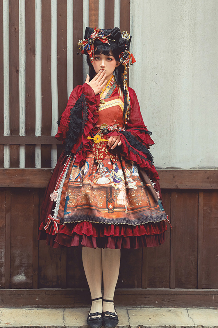 Multi-Color Nightmare Print Japanese Ruffle Bowknot Sweet Lolita Jsk Dress - Product - 3