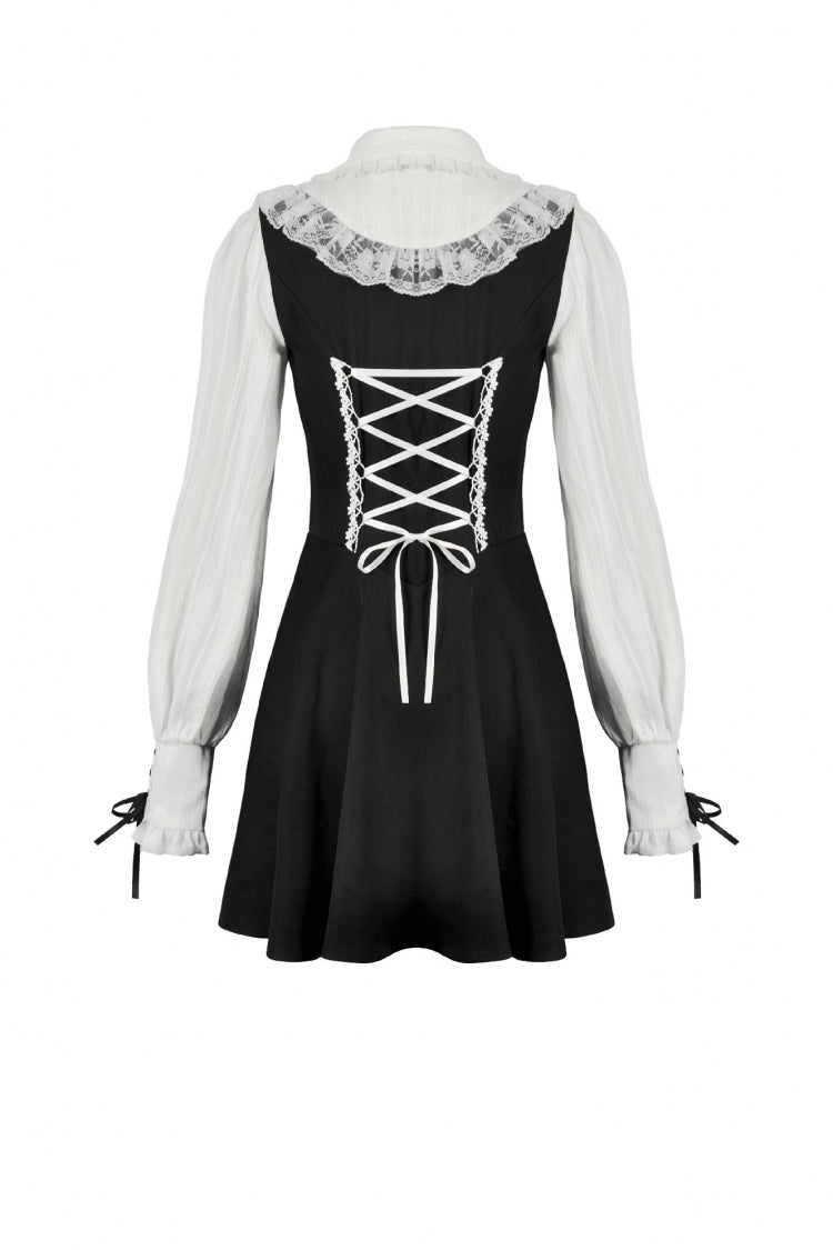 Black/White Faux Two-Piece Doll Collar Long Sleeves Lace-Up Women's Lolita Gothic Graduation Dress - Product - 12