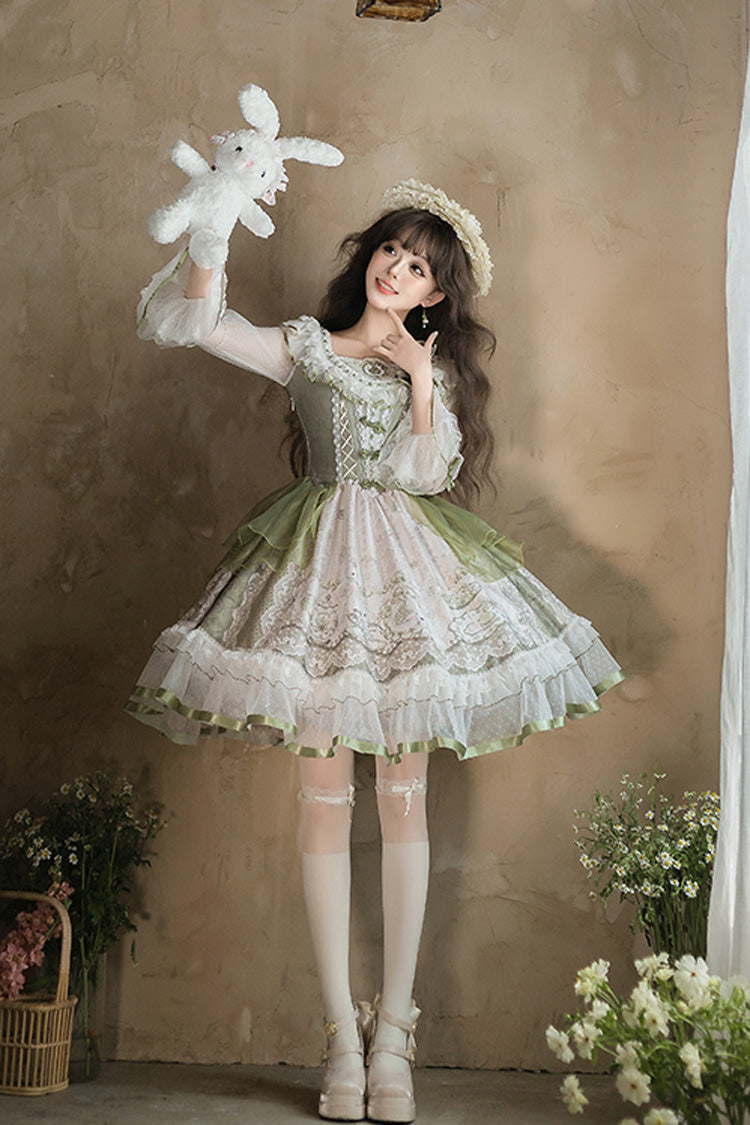 Green [Teacup Rabbit Little Fresh] Print Ruffle Bowknot Lace Lace-Up Sweet Lolita OP Dress - Product - 2