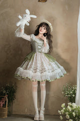 Green [Teacup Rabbit Little Fresh] Print Ruffle Bowknot Lace Lace-Up Sweet Lolita OP Dress - Product - 2