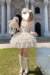 Apricot [Butterfly Heart Ballet] Triple-Layered Ruffle Bowknot Lace Sweet Ballet Lolita Jsk Dress - Product - 8