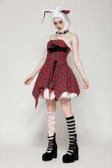 Red Buckled Frayed Asymmetric Hem Women's Punk Grunge Plaid Mini Slip Dress - Product - 6