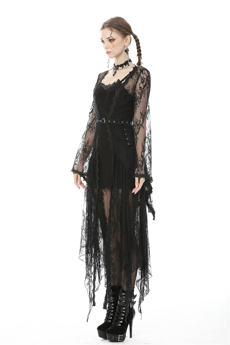 Black Long Trumpet Sleeves Sheer Floral Lace Women's Gothic Maxi Cloak with Belts - Product - 10