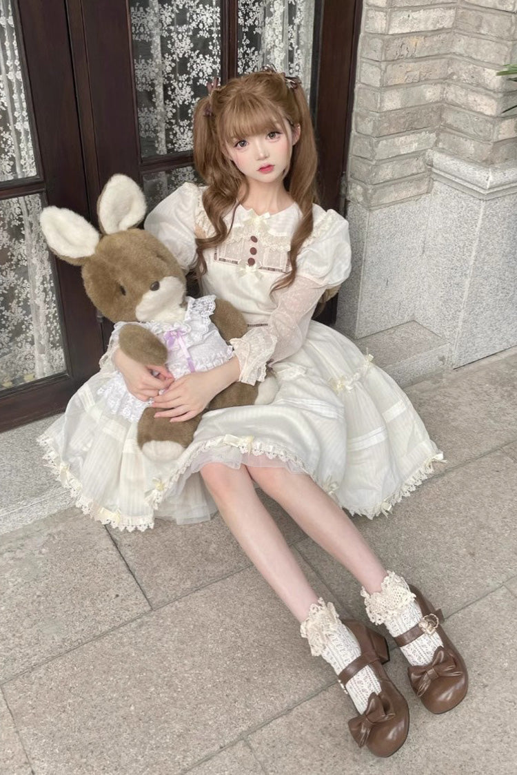 White Lapel Collar Long Sleeves Hollow Sweet Princess Lolita Dress - Product - 3