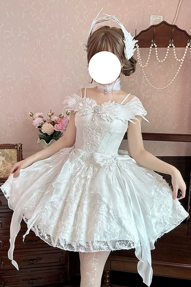 White [Feathers Floating In The Air] Square Collar Flutter Sleeves Embroidered Bow Lace Sweet Lolita Jsk Dress - Product - 2