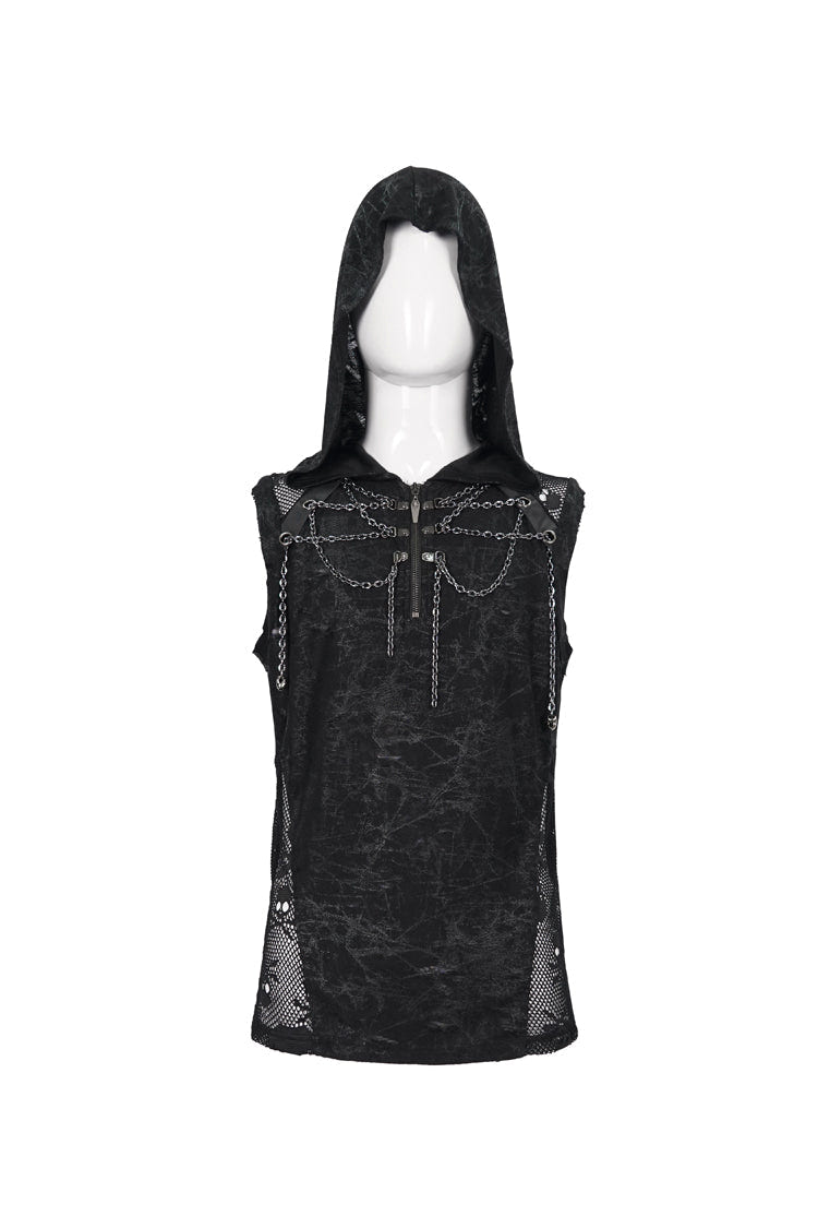 Black Skull Hollowed Out Print Stitched Sleeveless Chain Hoodie Men's Punk Shirt - Product - 7
