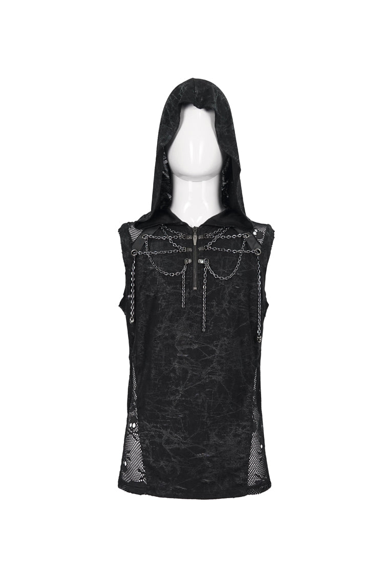 Black Skull Hollowed Out Print Stitched Sleeveless Chain Hoodie Men's Punk Shirt - Product - 7