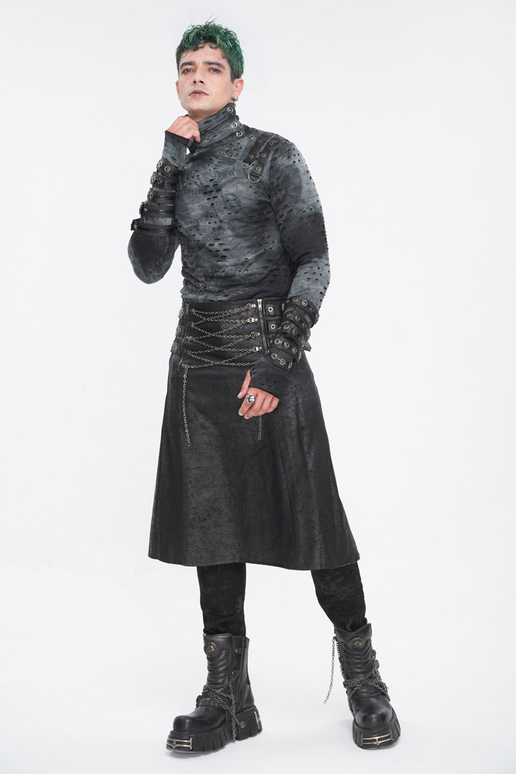 Black Print Chain Multi Buckle Men's Gothic Skirt - Product - 5