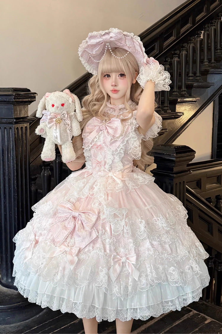 Pink [Sakura Dream Romance] Sleeveless Multi-Layered Ruffled Hanayome Bow Lace Sweet Princess Lolita Jsk Dress - Pink - 1