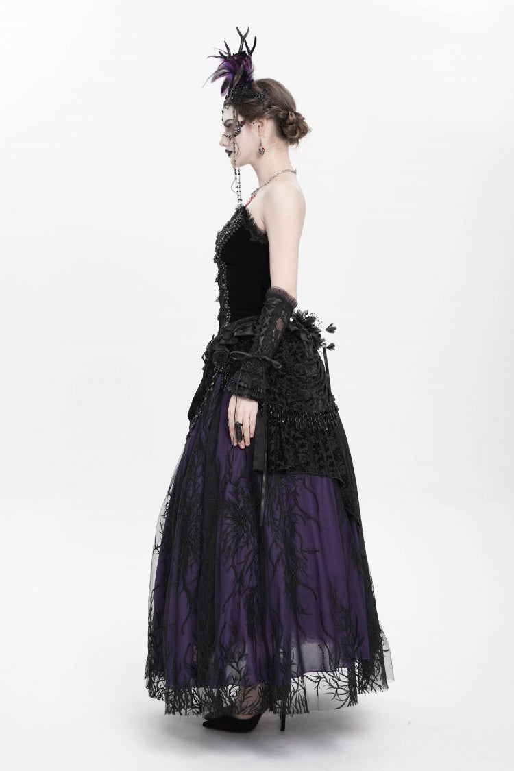 Black/Purple Floral Embroidered Beaded Women's Gothic Long Skirt - Product - 9