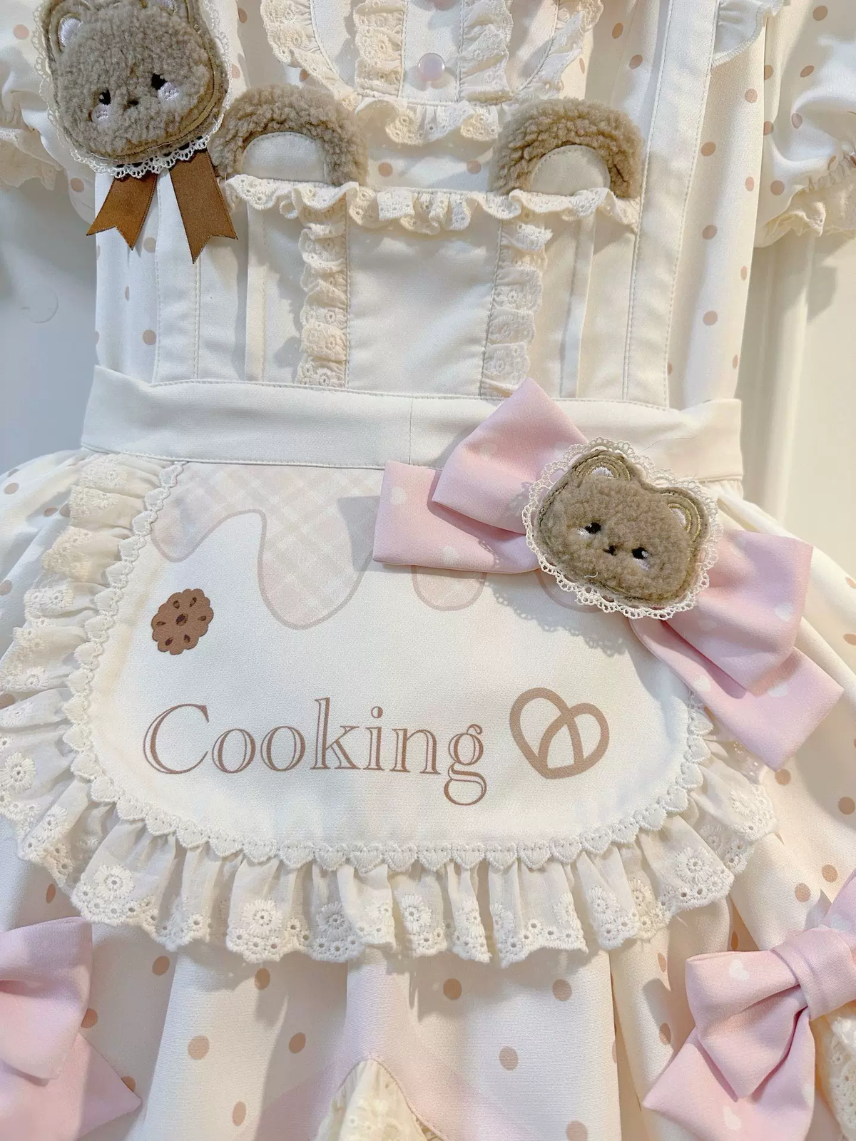 Sweet Pink Polka Dot Ruffled Maid Lolita Dress Set with Apron - view 3