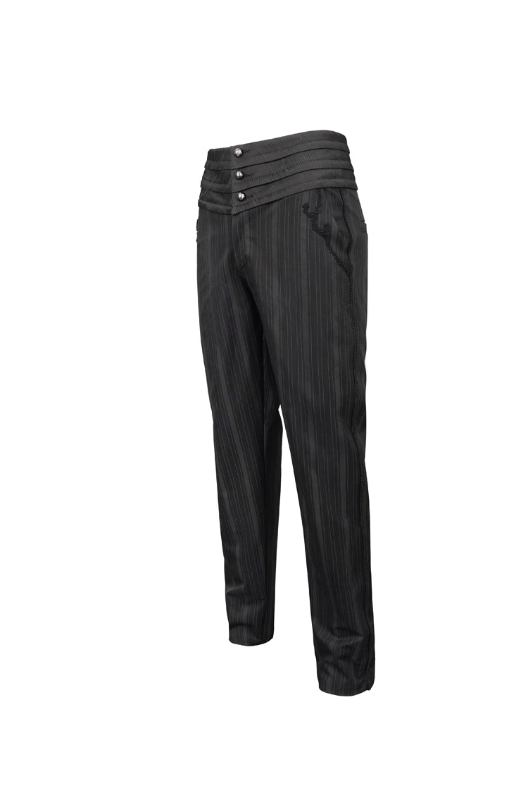 Black Retro Mid High Waist Micro Elastic Striped Woven Stitching Three Dimensional Jacquard Men's Gothic Trousers - Product - 6