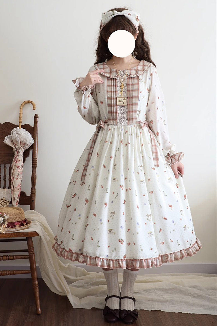 Ivory Round Collar Long Sleeves Print Ruffle Bowknot Sweet Elegant Lolita Dress - Product - 2