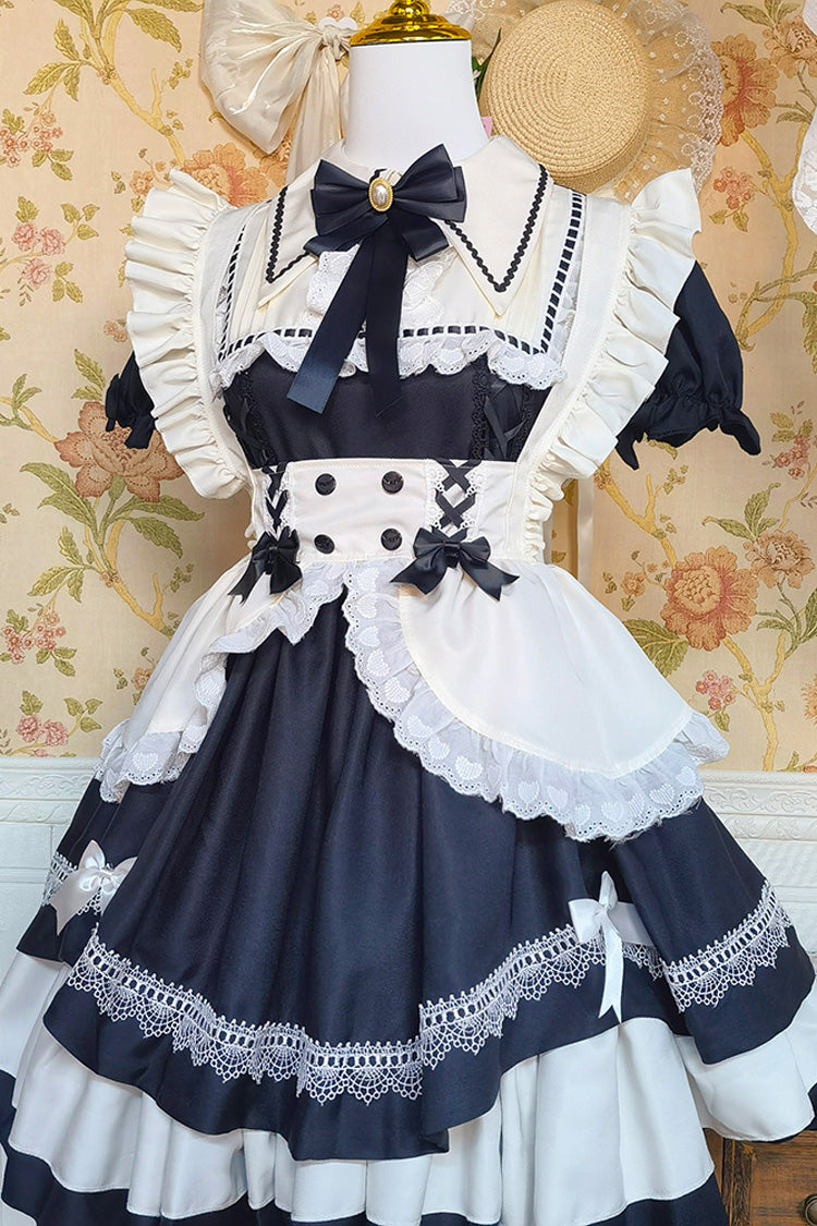 Black/White Short Sleeves Triple-Layered Ruffle Bowknot Lace Sweet Plus Size Maid Lolita Dress Set - Product - 6