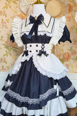 Black/White Short Sleeves Triple-Layered Ruffle Bowknot Lace Sweet Plus Size Maid Lolita Dress Set - Product - 6