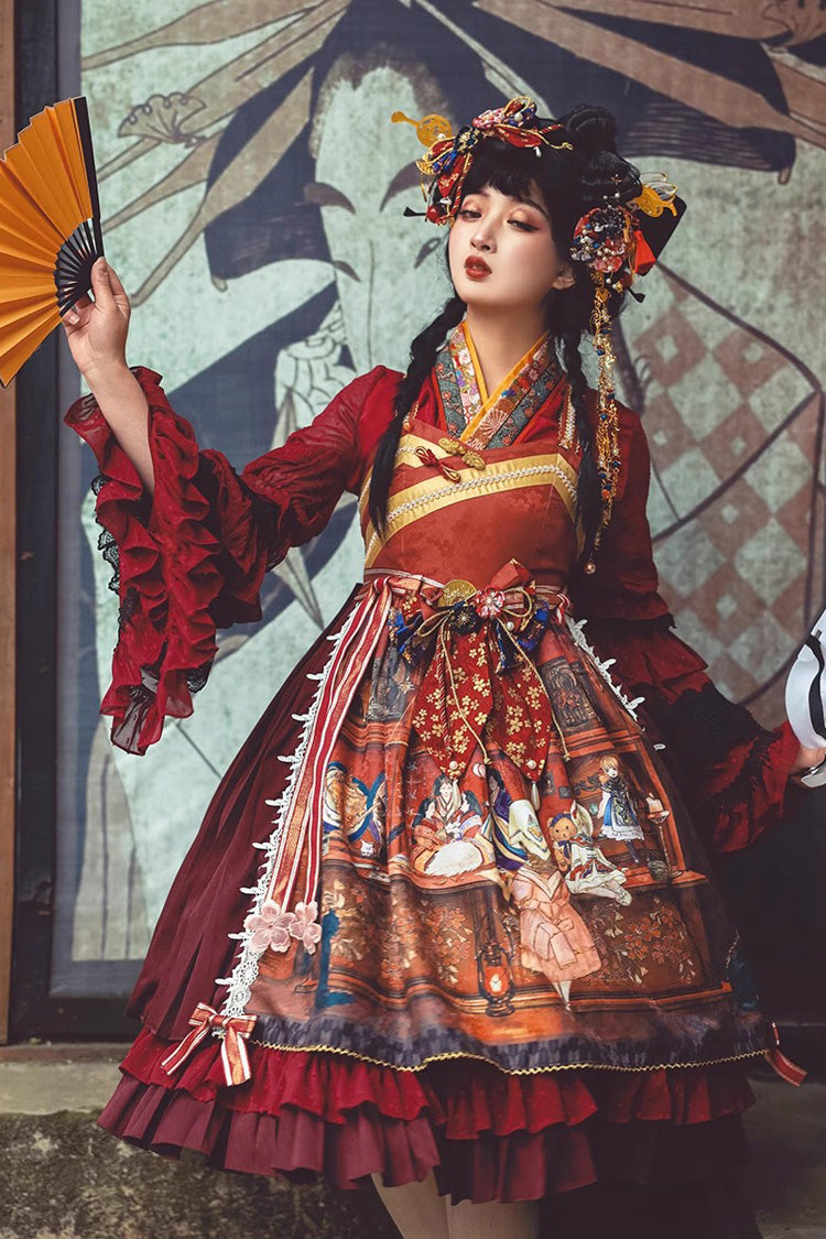 Multi-Color Nightmare Print Japanese Ruffle Bowknot Sweet Lolita Jsk Dress - Product - 6