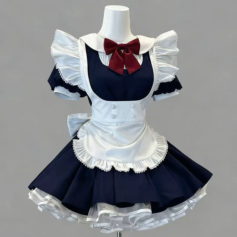 Navy Blue and White Lace Maid Lolita Jumper Dress with Red Bow - view 2