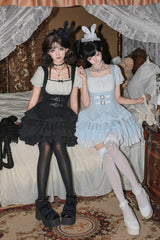 [Silent Summer] Square Collar Halterneck Short Sleeves Multi-Layered Printed Ruffled Classic Cool Lolita Dress Set (Black/Blue 2 Colors) - Product - 7