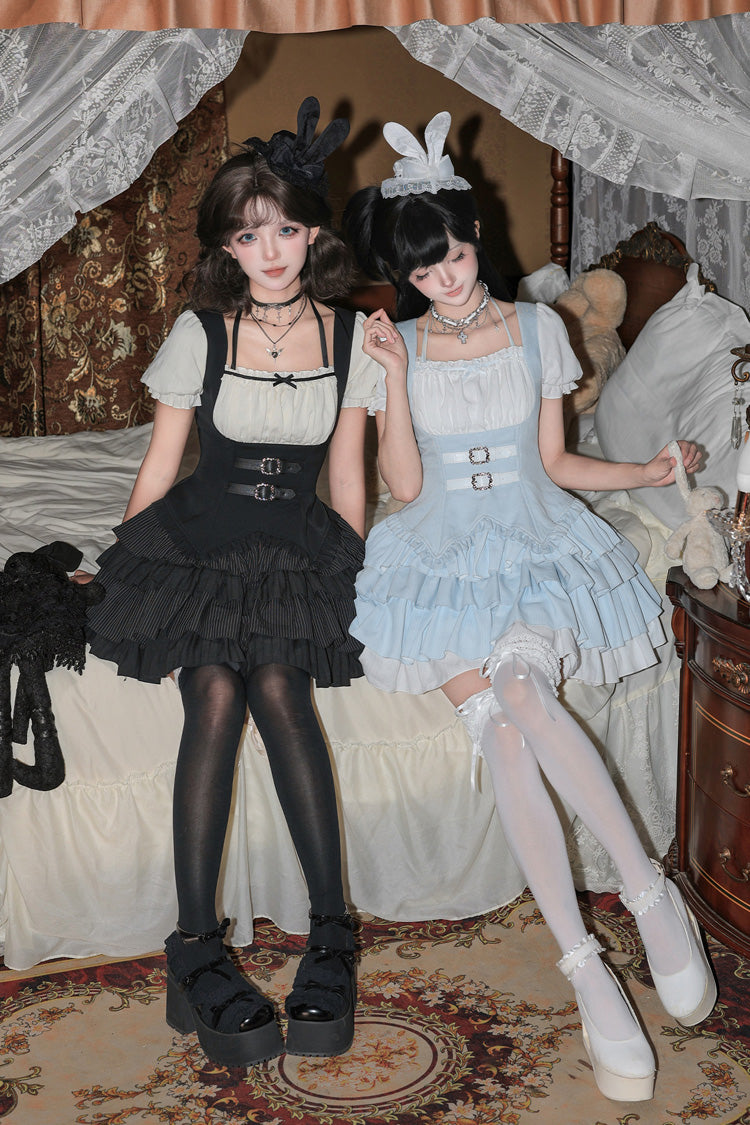[Silent Summer] Square Collar Halterneck Short Sleeves Multi-Layered Printed Ruffled Classic Cool Lolita Dress Set (Black/Blue 2 Colors) - Product - 7