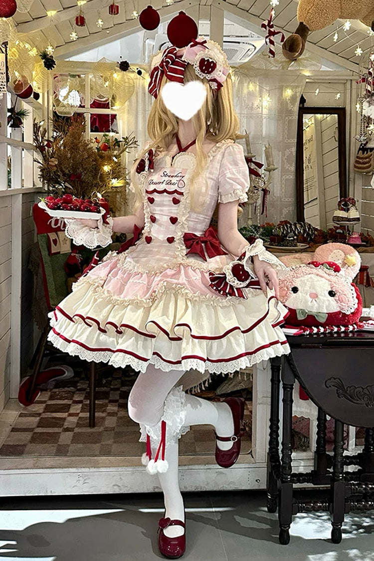 Pink [Sweetheart Strawberry Bunny] Square Collar Short Sleeves Triple-Layered Printed Ruffled Bow Sweet Lolita Dress - Product - 11