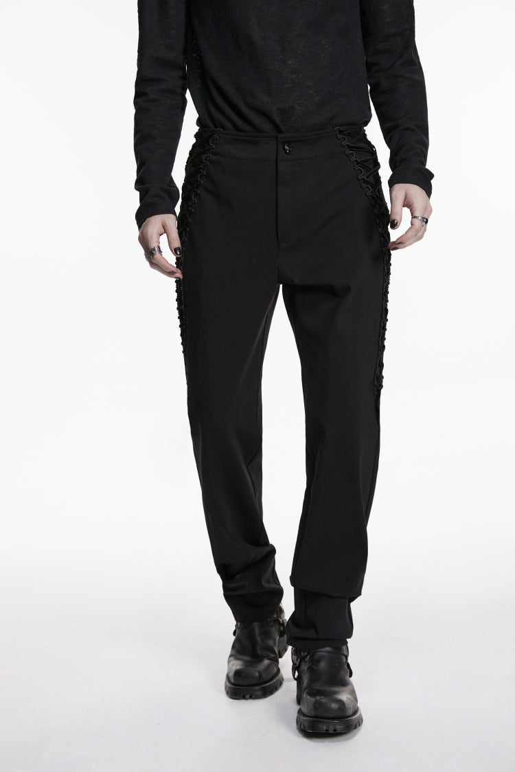 Black Spliced Lace-Up Slim Buckled Men's Gothic Pants - Product - 6