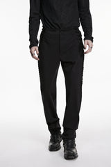 Black Spliced Lace-Up Slim Buckled Men's Gothic Pants - Product - 6